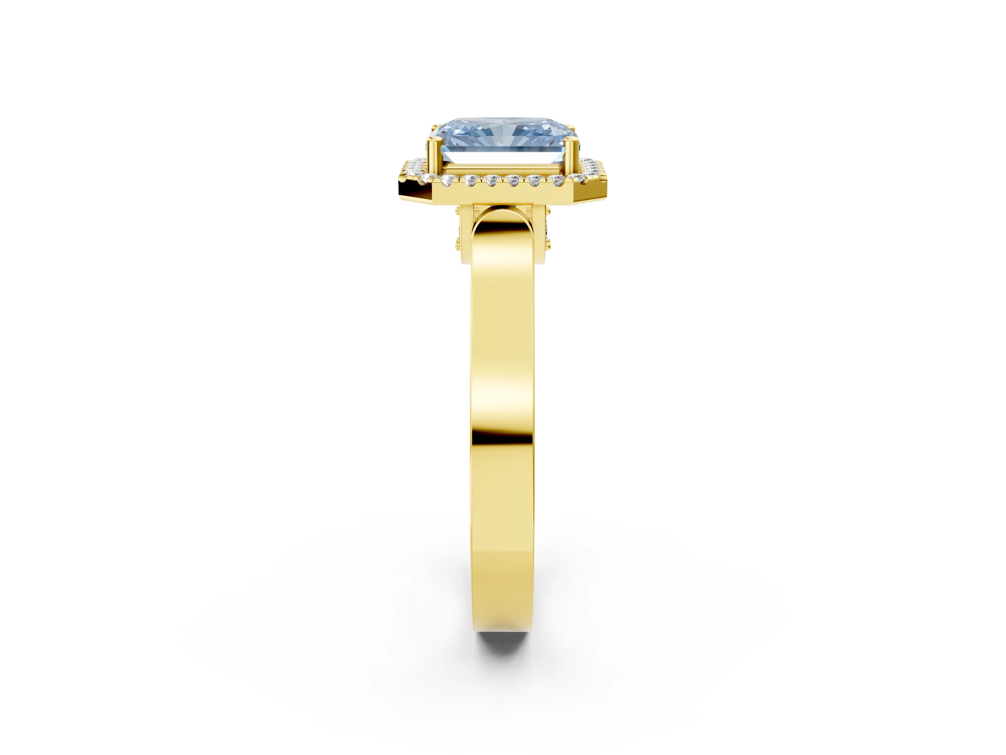 Yellow gold Fancy Blue Radiant Cut Halo Round Diamond Twist Band with Four-Prong Setting_2
