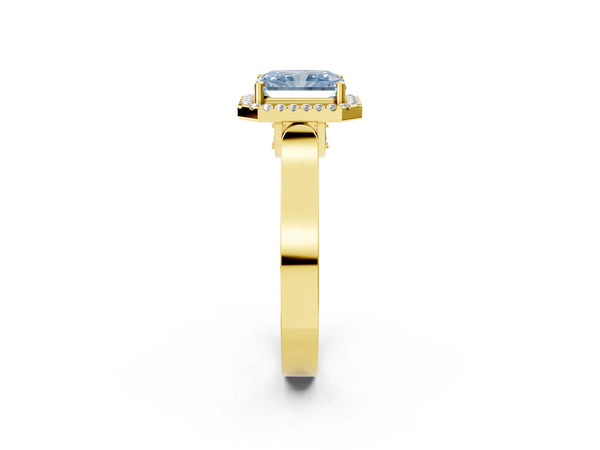 Yellow gold Fancy Blue Radiant Cut Halo Round Diamond Twist Band with Four-Prong Setting