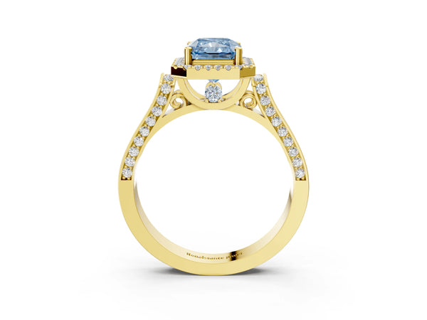 Yellow gold Fancy Blue Radiant Cut Halo Round Diamond Twist Band with Four-Prong Setting