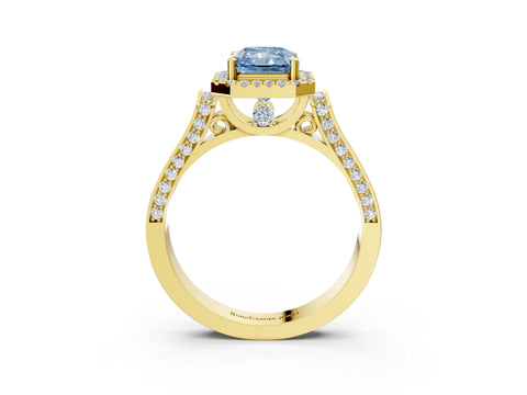 Yellow gold Fancy Blue Radiant Cut Halo Round Diamond Twist Band with Four-Prong Setting_3