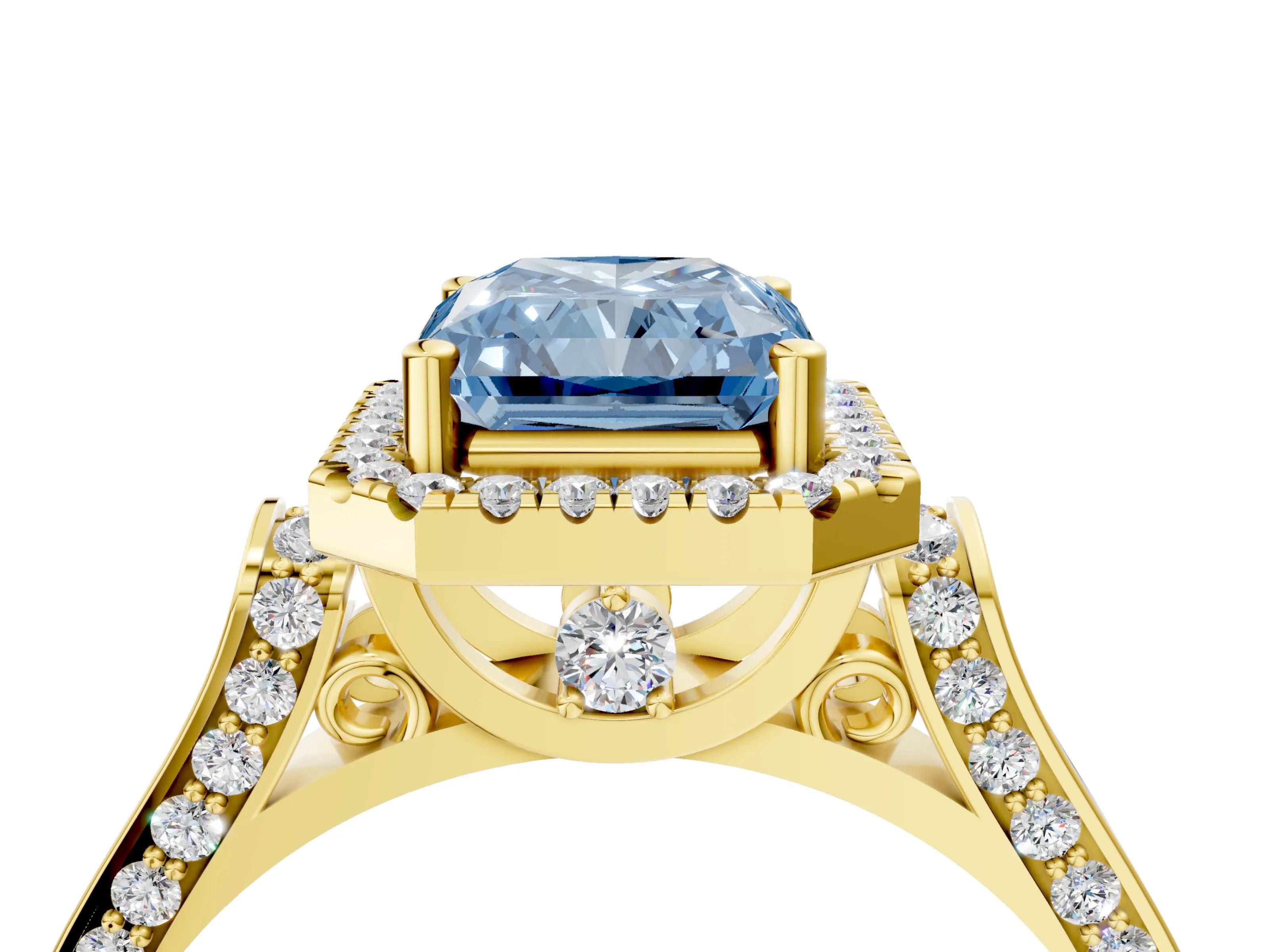 Yellow gold Fancy Blue Radiant Cut Halo Round Diamond Twist Band with Four-Prong Setting_4