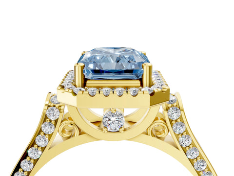 Yellow gold Fancy Blue Radiant Cut Halo Round Diamond Twist Band with Four-Prong Setting_4