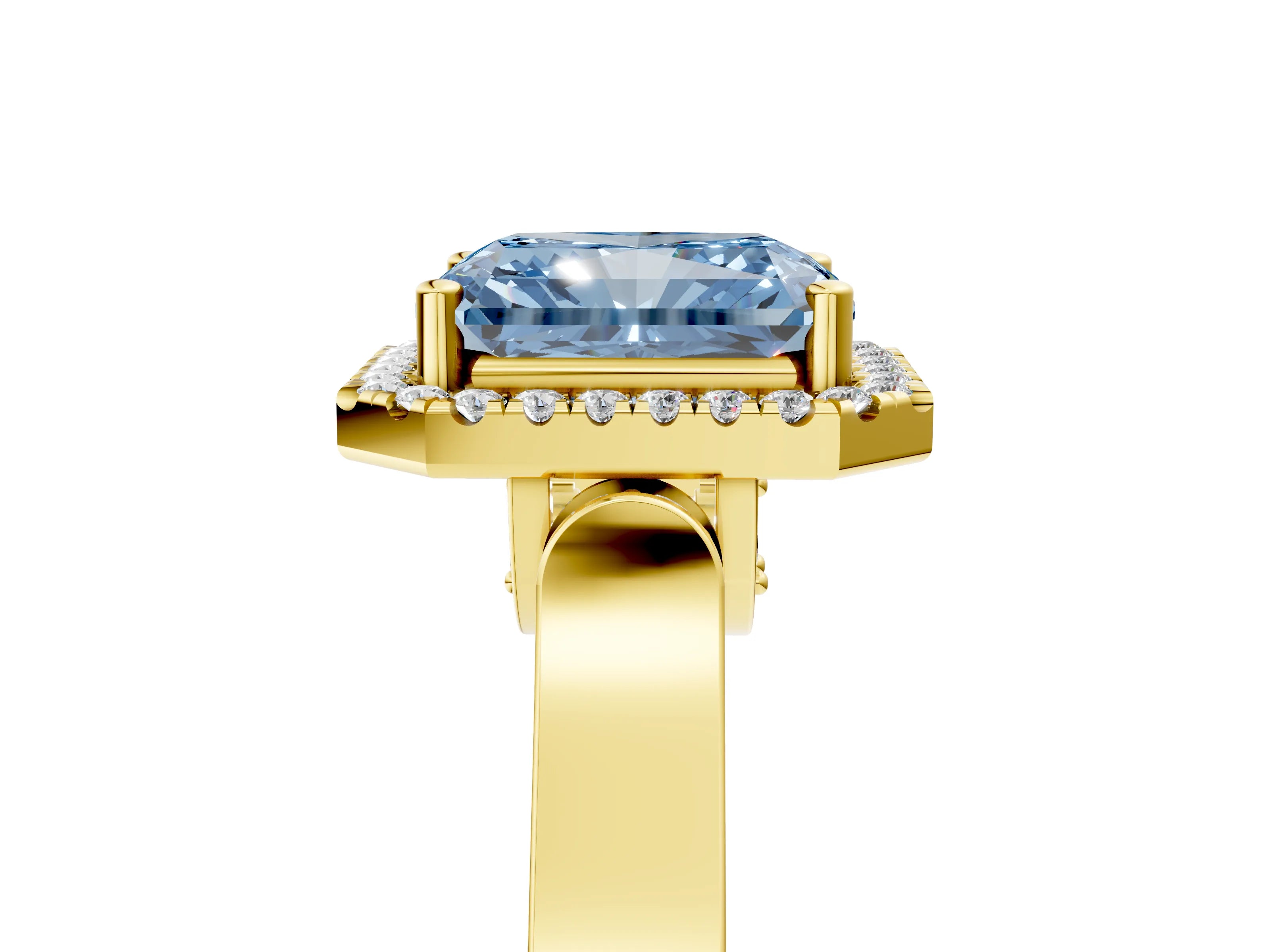 Yellow gold Fancy Blue Radiant Cut Halo Round Diamond Twist Band with Four-Prong Setting_5