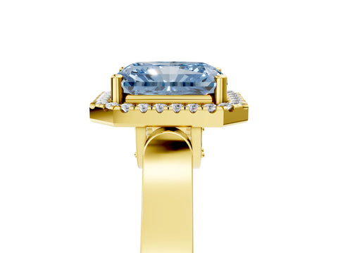 Yellow gold Fancy Blue Radiant Cut Halo Round Diamond Twist Band with Four-Prong Setting_5
