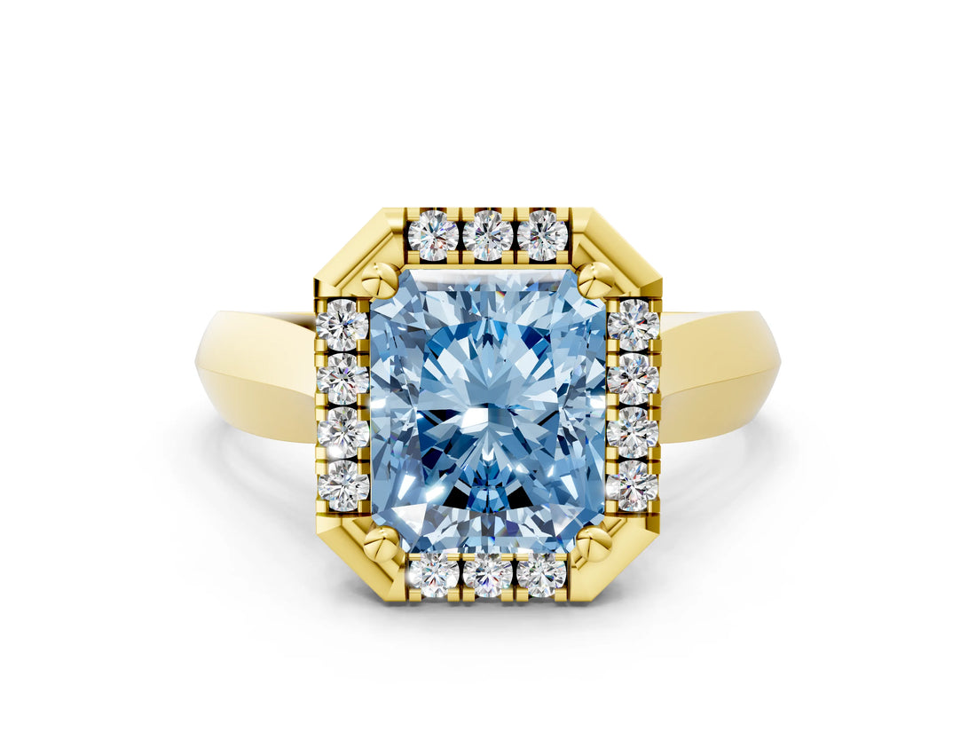 Yellow gold Fancy Blue Radiant  Cut Halo Solitaire Engagement Ring with Square Band and Four-Prong Setting_66