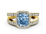 Yellow gold Fancy Blue Radiant  Cut Halo Split Shank Diamond Ring with Four-Prong Setting_44