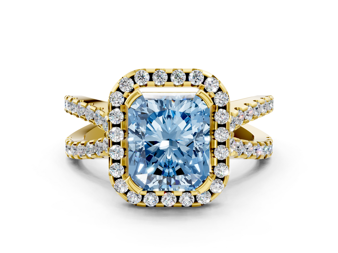 Yellow gold Fancy Blue Radiant  Cut Halo Split Shank Pave Set Ring_59