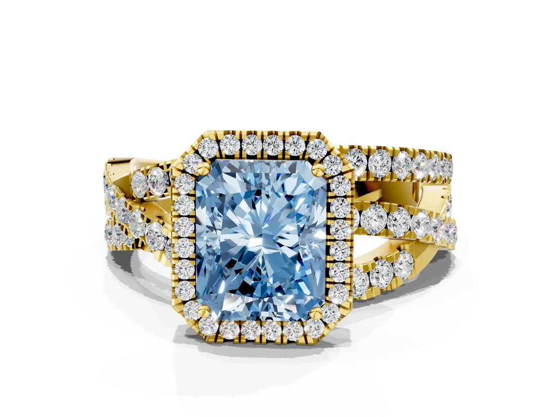 Yellow gold Fancy Blue Radiant  Cut Halo Split Shank Prong Setting Ring_12