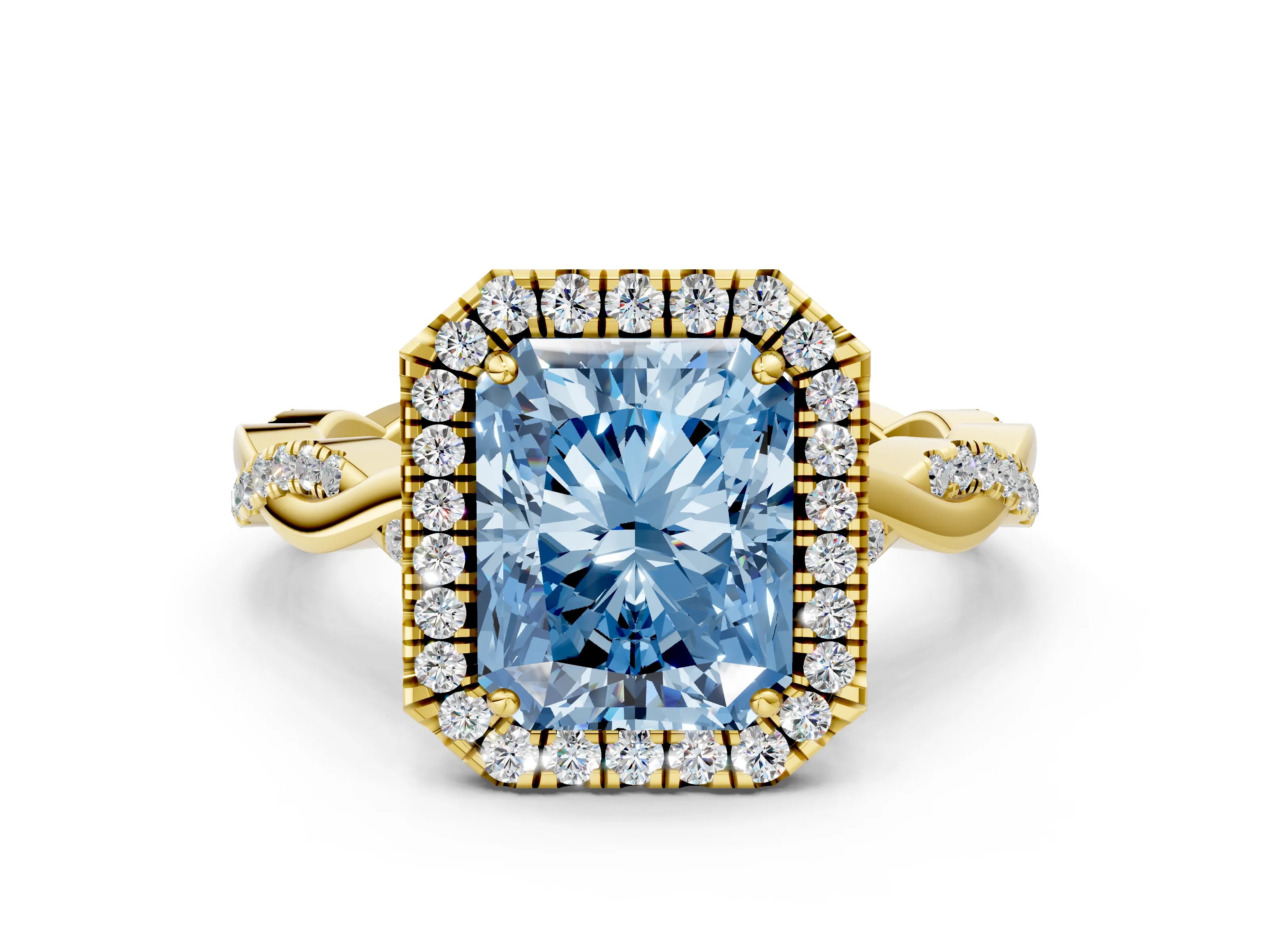 Yellow gold Fancy Blue Radiant Cut Halo Twist Band with Four-Prong Setting