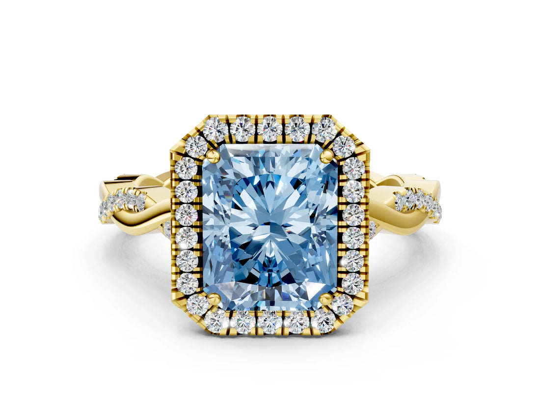 Yellow gold Fancy Blue Radiant Cut Halo Twist Band with Four-Prong Setting_12