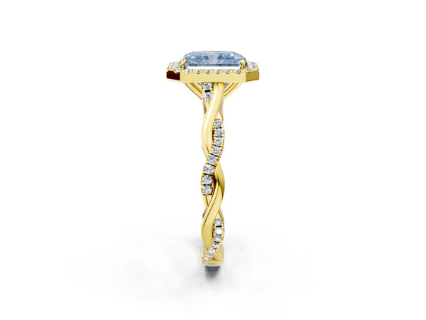 Yellow Gold Radiant Cut Interwoven Twist Halo Engagement Ring Setting for Fancy Blue Center