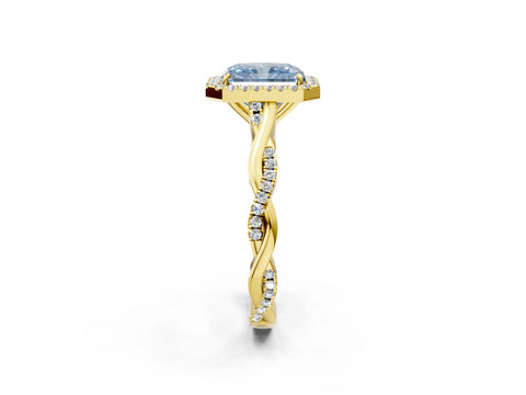Yellow gold Fancy Blue Radiant Cut Halo Twist Band with Four-Prong Setting_14