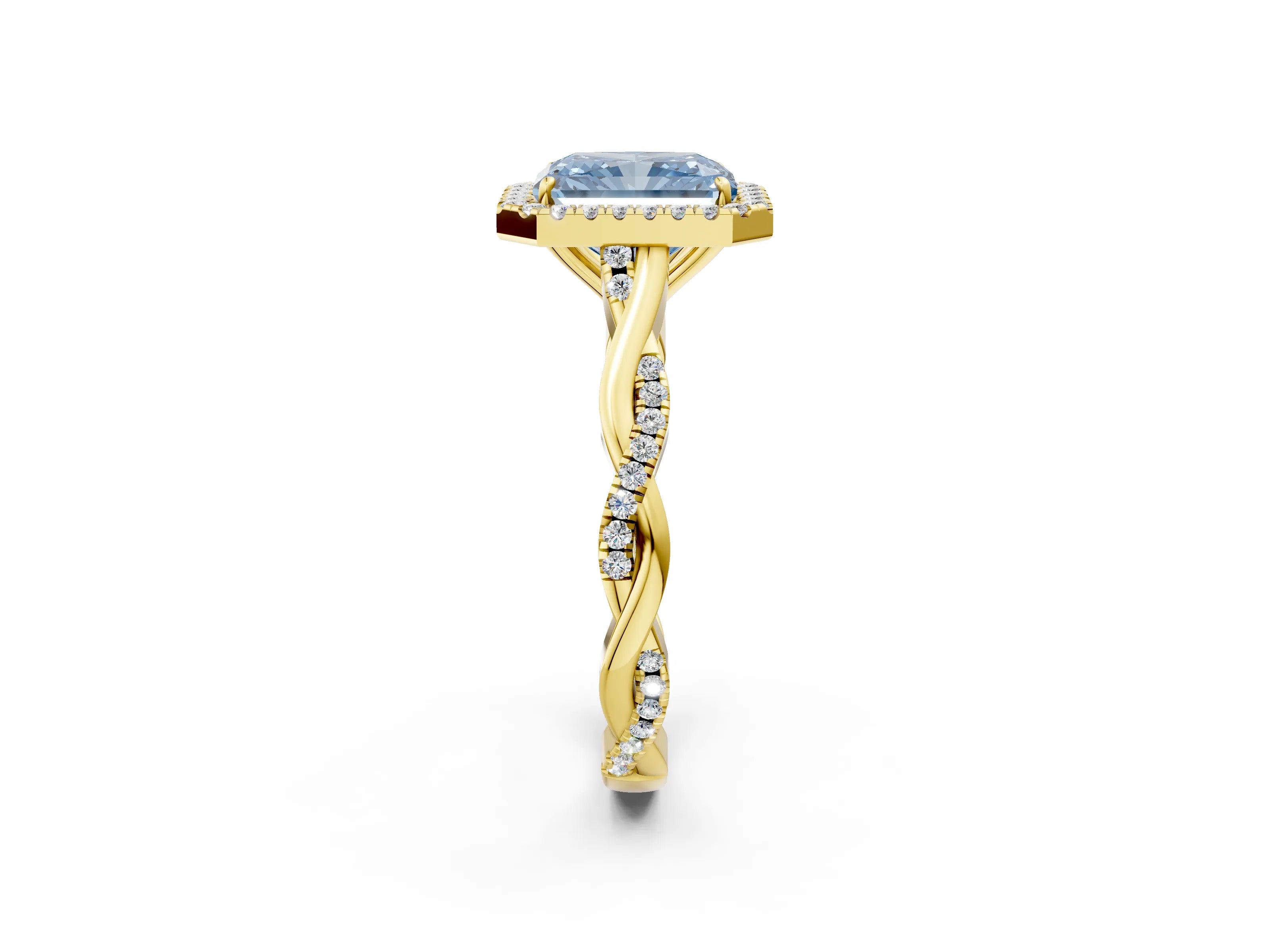 Yellow gold Fancy Blue Radiant Cut Halo Twist Band with Four-Prong Setting_2