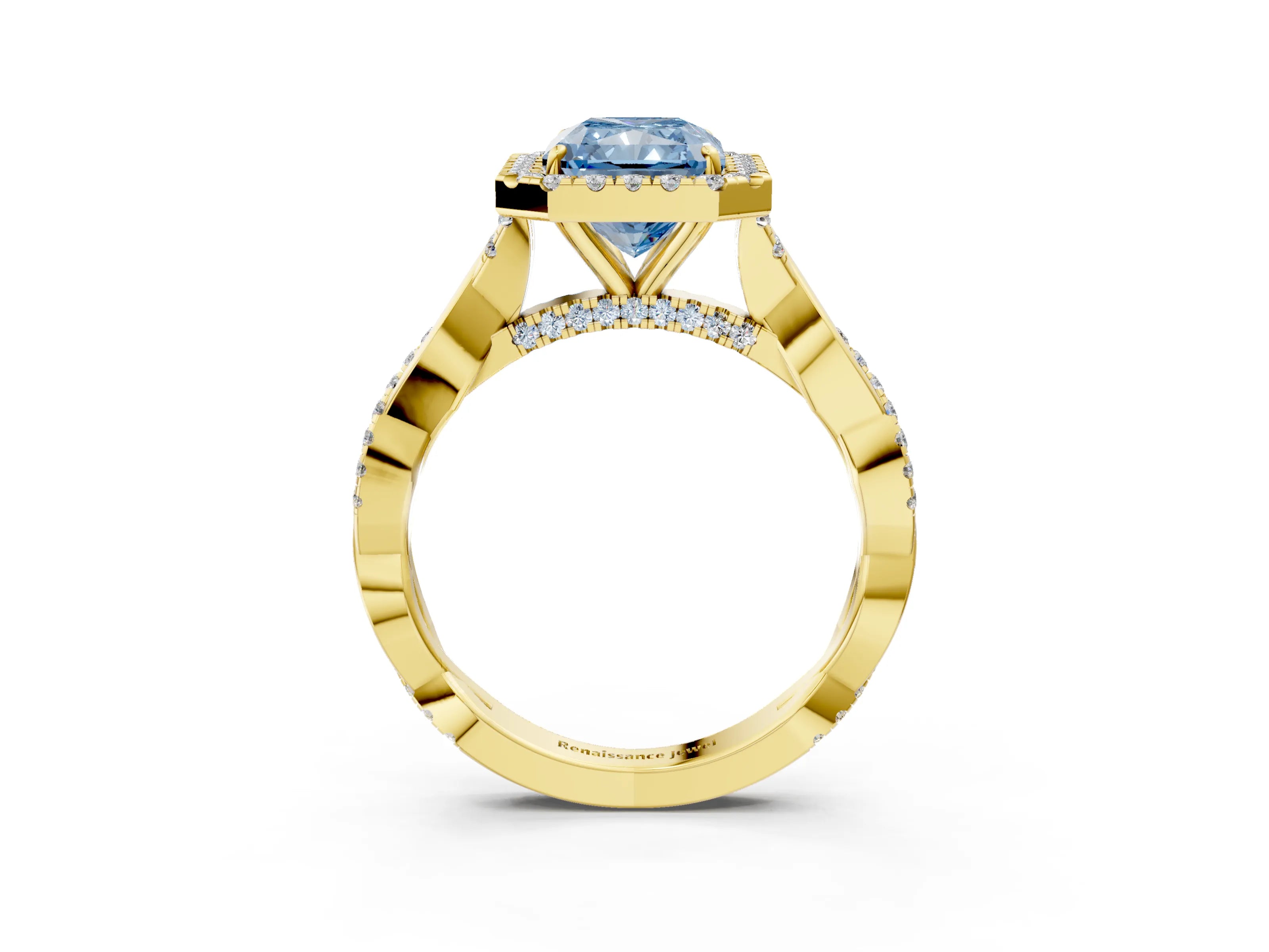Yellow gold Fancy Blue Radiant Cut Halo Twist Band with Four-Prong Setting_3
