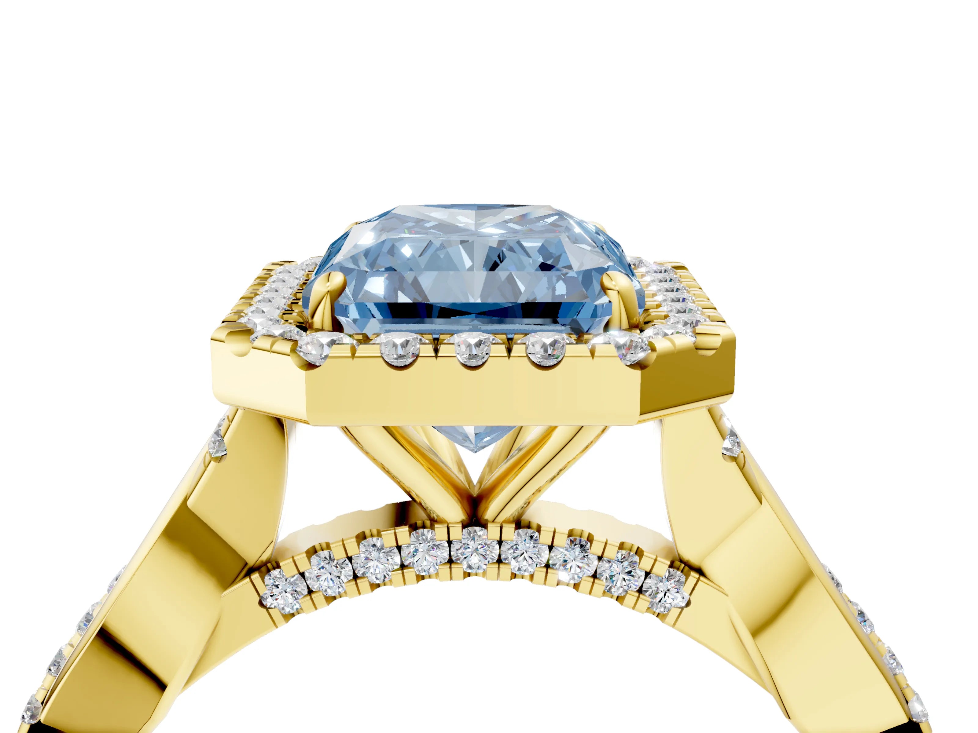 Yellow gold Fancy Blue Radiant Cut Halo Twist Band with Four-Prong Setting_4