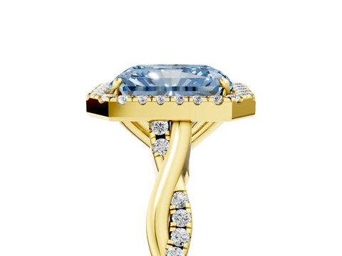 Yellow gold Fancy Blue Radiant Cut Halo Twist Band with Four-Prong Setting_5