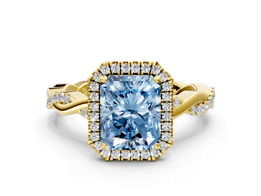 Yellow gold Fancy Blue Radiant  Cut Halo Twisted Band Four-Prong Ring_20