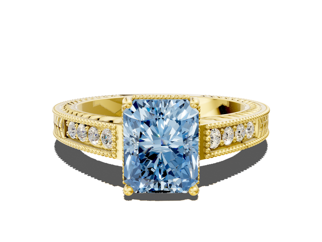Yellow gold Fancy Blue Radiant  Cut Milgrain Channel Set Engagement Ring with Solitaire Prong Setting_49