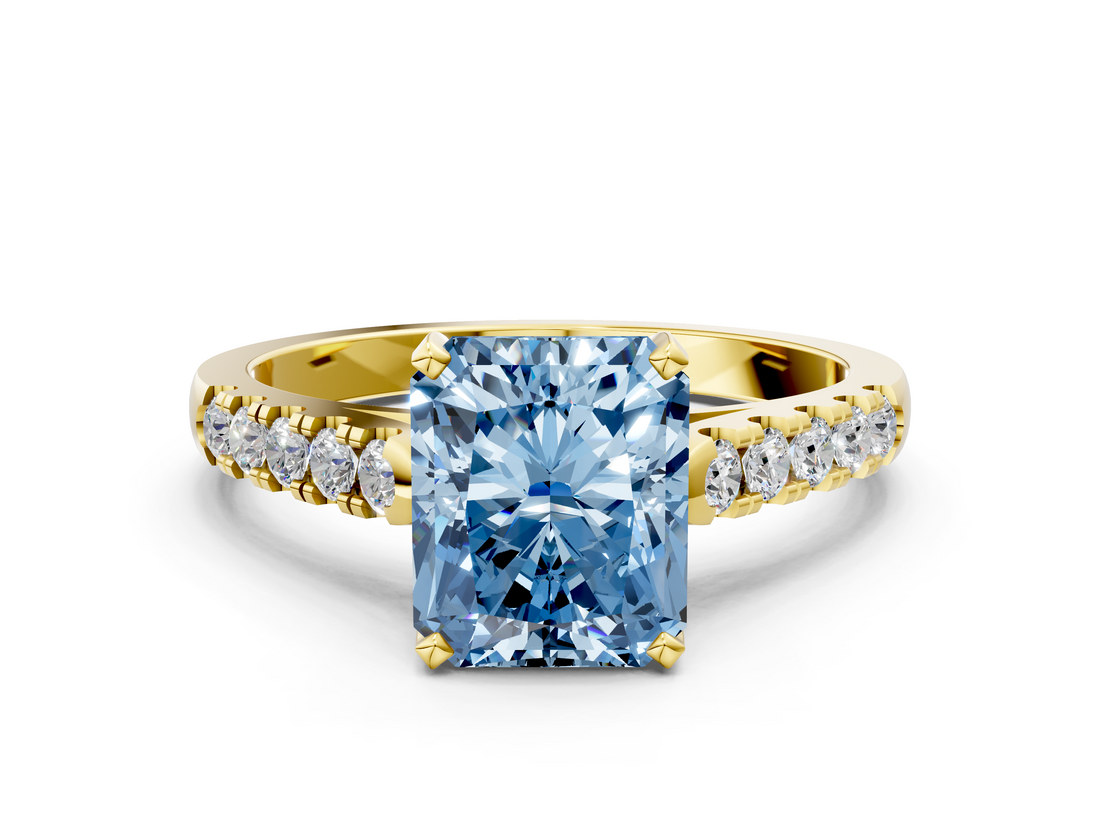 Yellow gold Fancy Blue Radiant  Cut Pavé Band Solitaire Ring with Four-Prong Setting_25