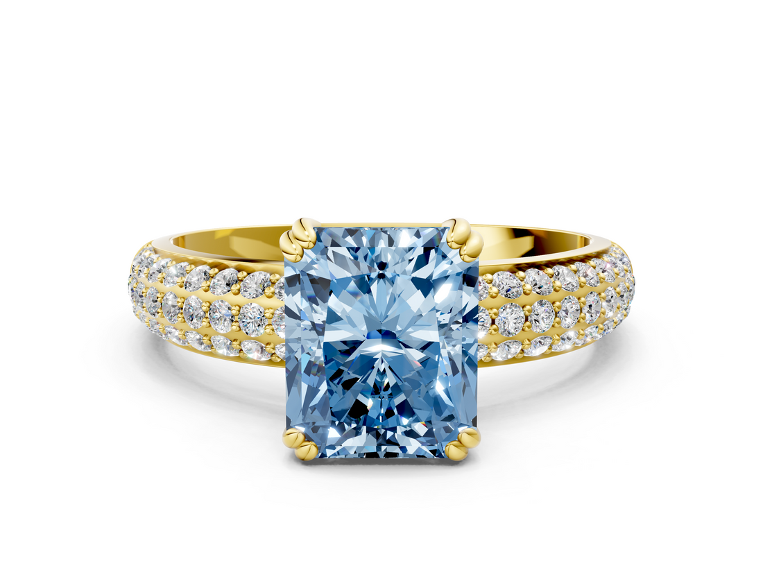 Yellow gold Fancy Blue Radiant  Cut Pave Diamond Engagement Ring with Channel Set Band and Four-Prong Setting_20