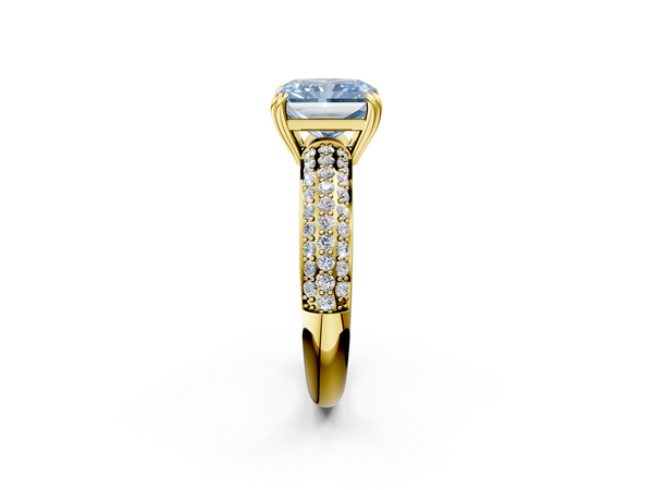 Yellow gold Fancy Blue Radiant  Cut Pave Diamond Engagement Ring with Channel Set Band and Four-Prong Setting