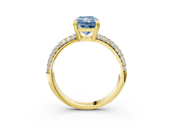 Yellow gold Fancy Blue Radiant  Cut Pave Diamond Engagement Ring with Channel Set Band and Four-Prong Setting