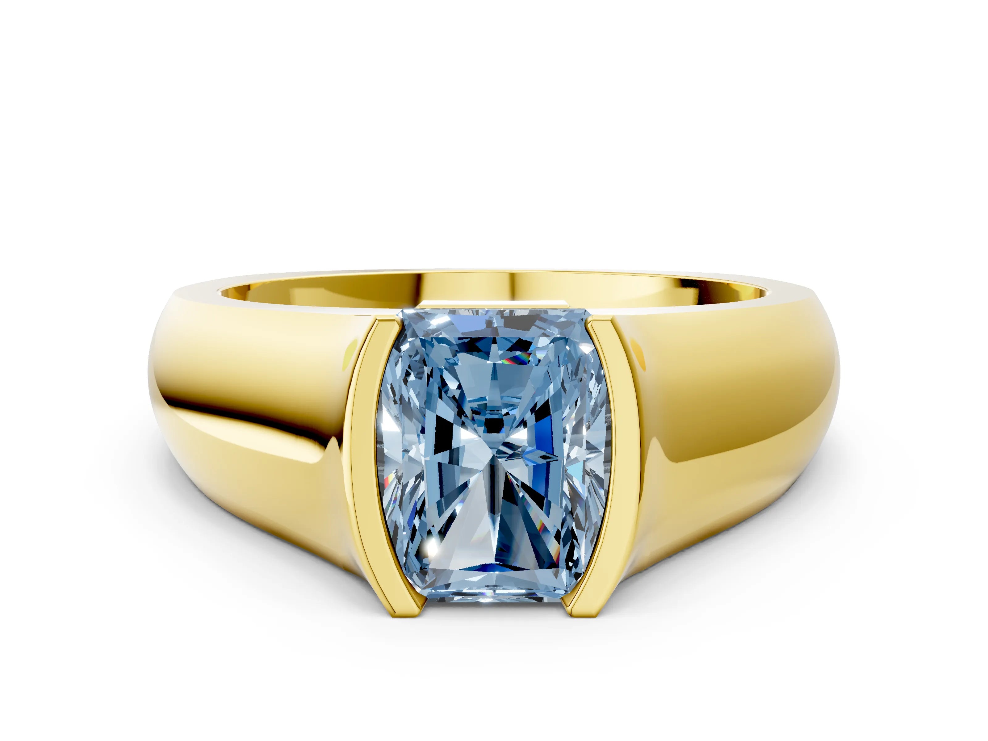 Yellow gold Fancy Blue Radiant Cut Solitaire Bezel Set Diamond Ring with Wide Band