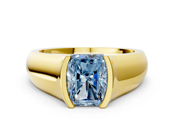 Yellow gold Fancy Blue Radiant Cut Solitaire Bezel Set Diamond Ring with Wide Band