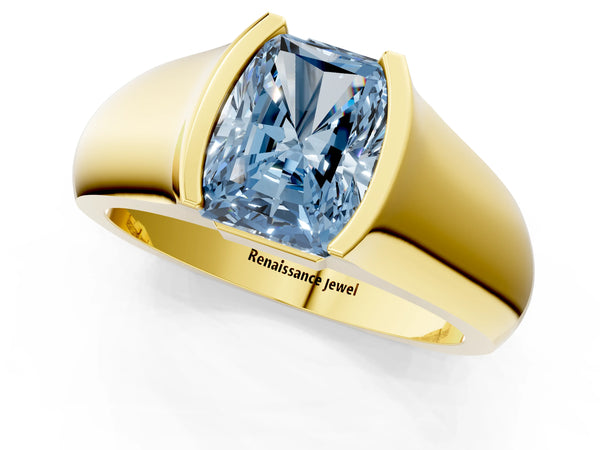 Yellow gold Fancy Blue Radiant Cut Solitaire Bezel Set Diamond Ring with Wide Band