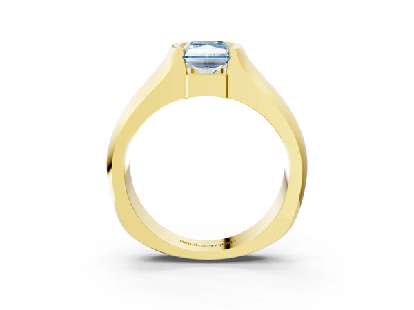 Yellow gold Fancy Blue Radiant Cut Solitaire Bezel Set Diamond Ring with Wide Band