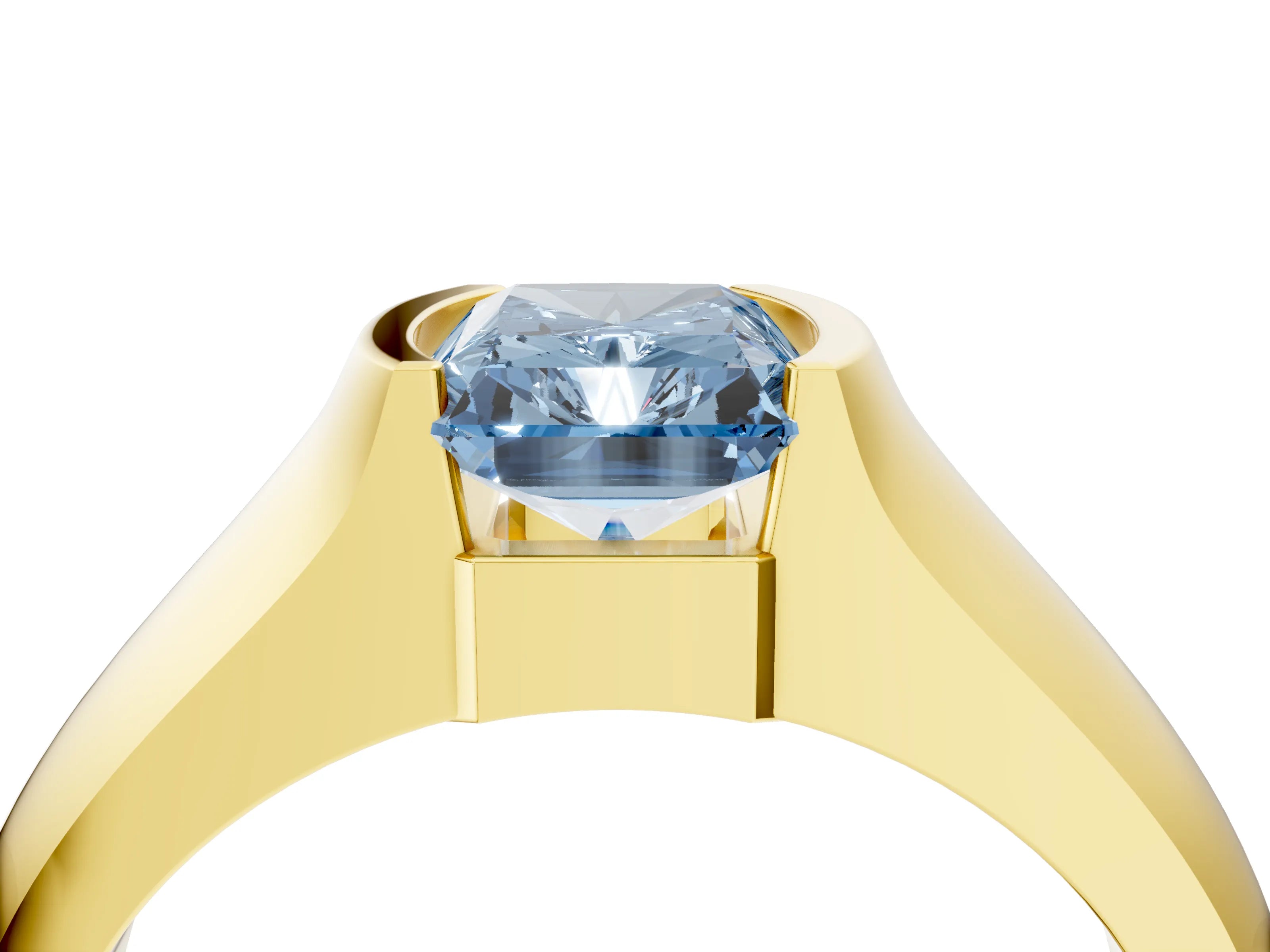 Yellow gold Fancy Blue Radiant Cut Solitaire Bezel Set Diamond Ring with Wide Band_4