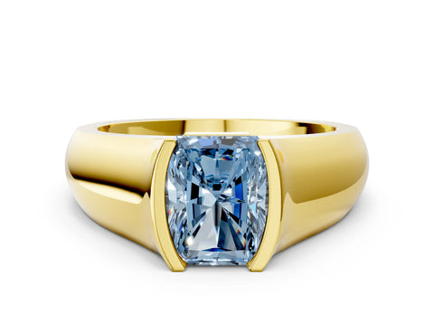 Yellow gold Fancy Blue Radiant Cut Solitaire Bezel Set Diamond Ring with Wide Band