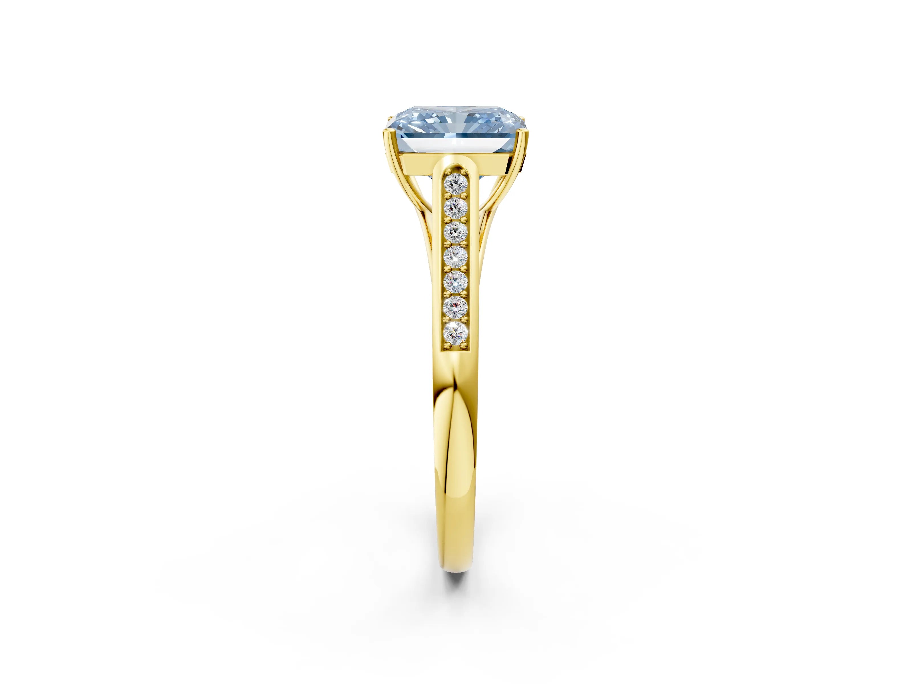 Yellow gold Fancy Blue Radiant Cut Solitaire Cathedral Diamond Engagement Ring with Channel-Set Band and Four-Prong Setting_5