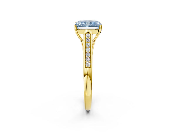 Yellow Gold Radiant Cut Cathedral Solitaire Engagement Ring Setting for Fancy Blue Center
