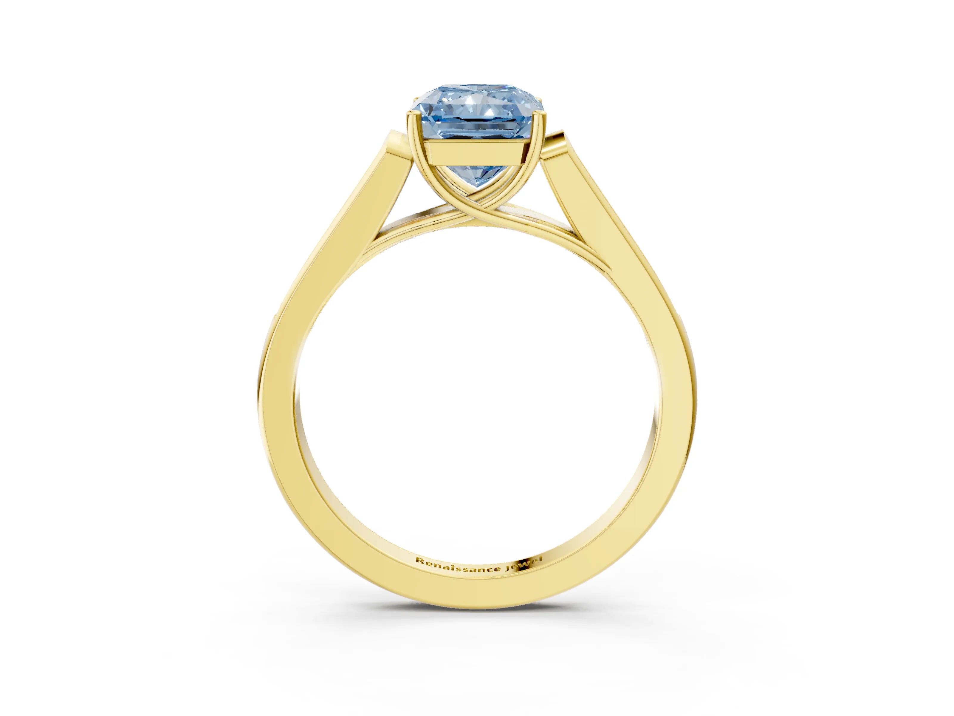 Yellow gold Fancy Blue Radiant Cut Solitaire Cathedral Diamond Engagement Ring with Channel-Set Band and Four-Prong Setting_6