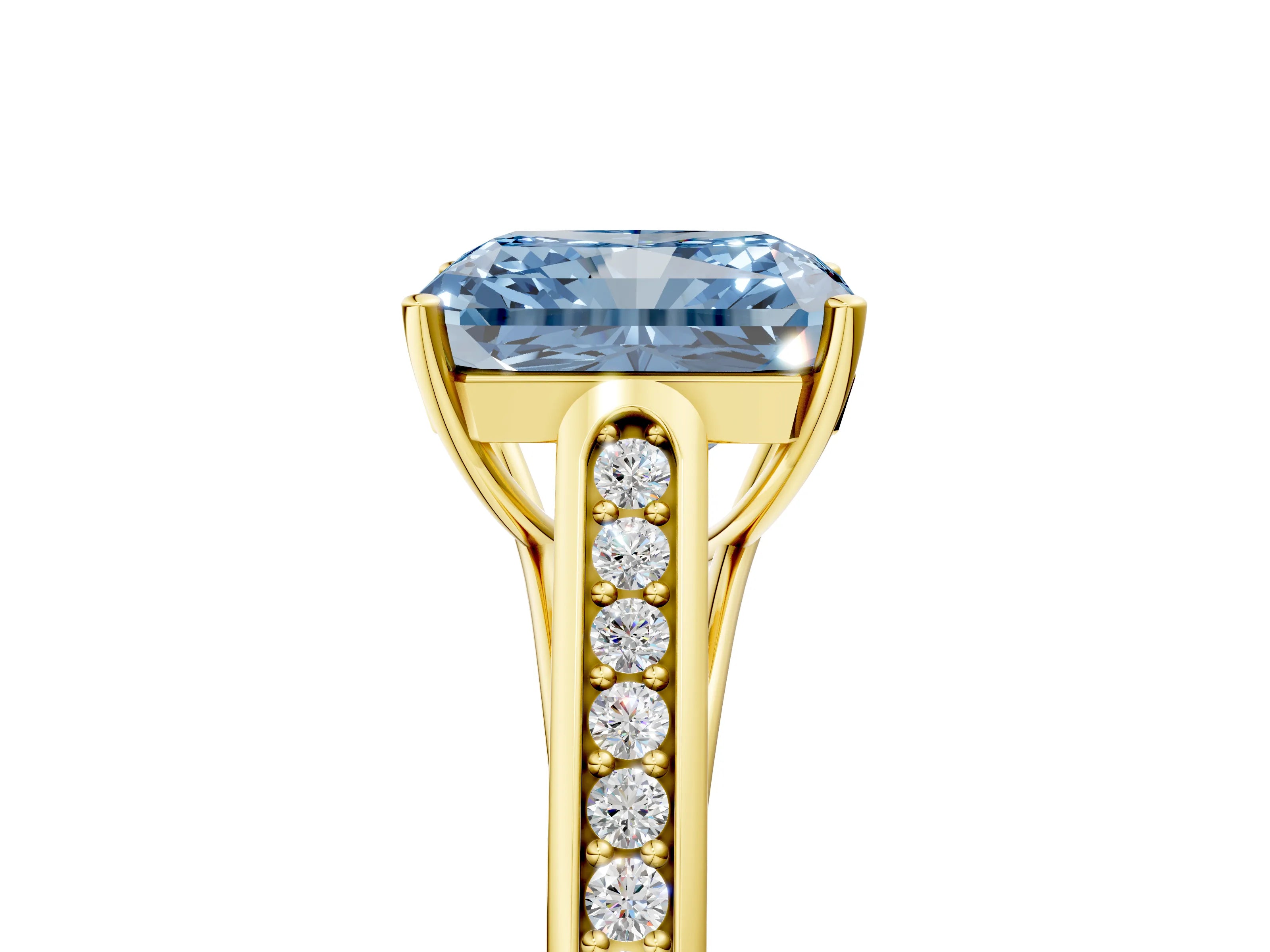 Yellow gold Fancy Blue Radiant Cut Solitaire Cathedral Diamond Engagement Ring with Channel-Set Band and Four-Prong Setting_8