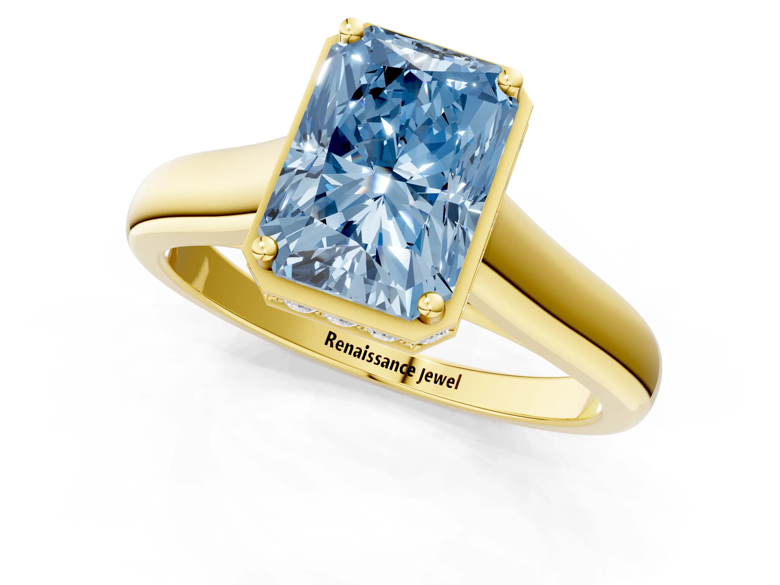 Yellow gold Fancy Blue Radiant Cut Solitaire Diamond Engagement Ring with Four-Prong Setting and Tapered Band_1
