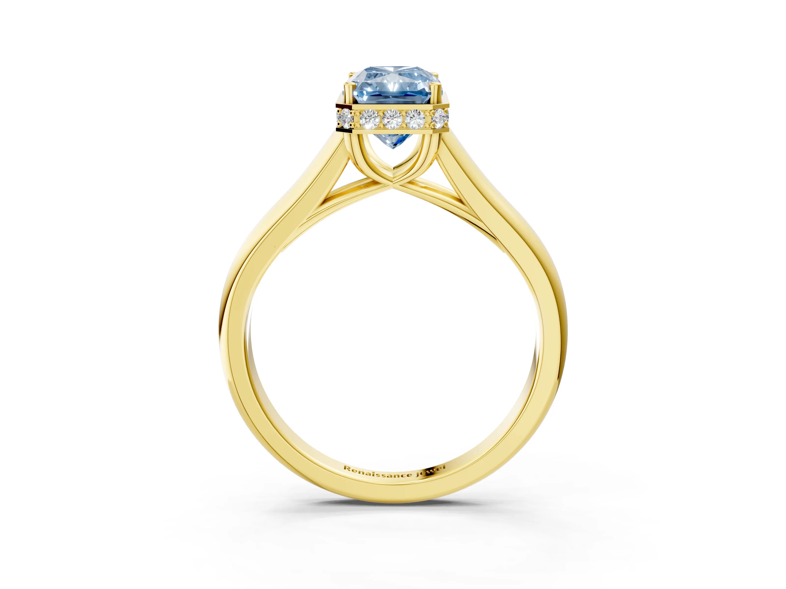 Yellow gold Fancy Blue Radiant Cut Solitaire Diamond Engagement Ring with Four-Prong Setting and Tapered Band_3
