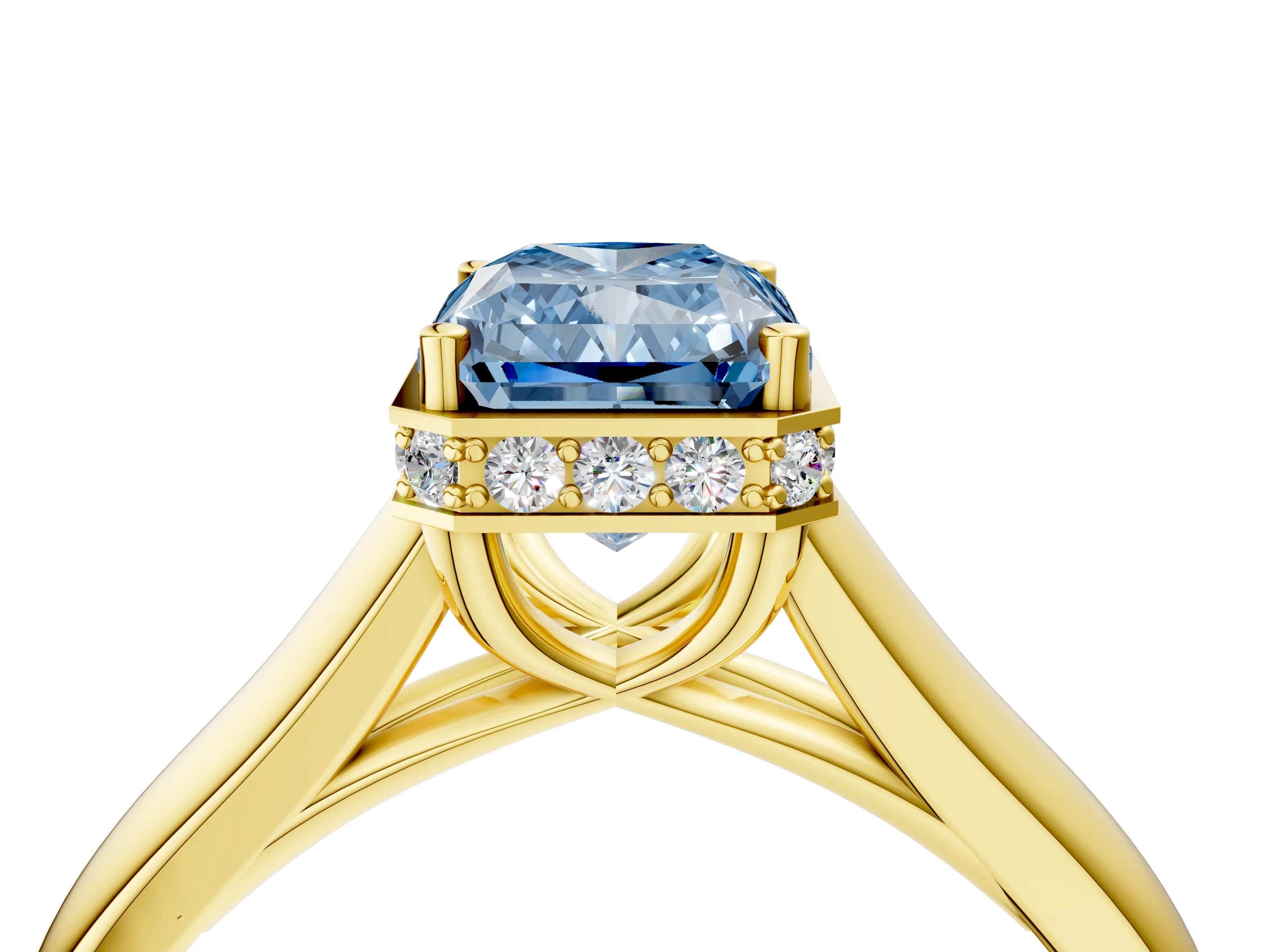 Yellow gold Fancy Blue Radiant Cut Solitaire Diamond Engagement Ring with Four-Prong Setting and Tapered Band_4
