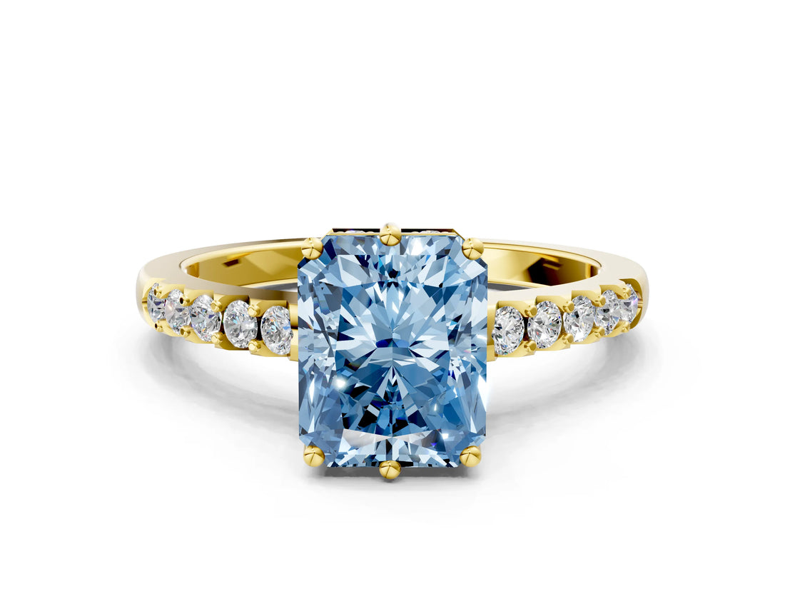 Yellow gold Fancy Blue Radiant Cut Solitaire Diamond Engagement Ring with Pavé Band and Six-Prong Setting_12