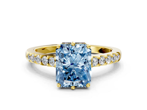 Yellow gold Fancy Blue Radiant Cut Solitaire Diamond Engagement Ring with Pavé Band and Six-Prong Setting_12