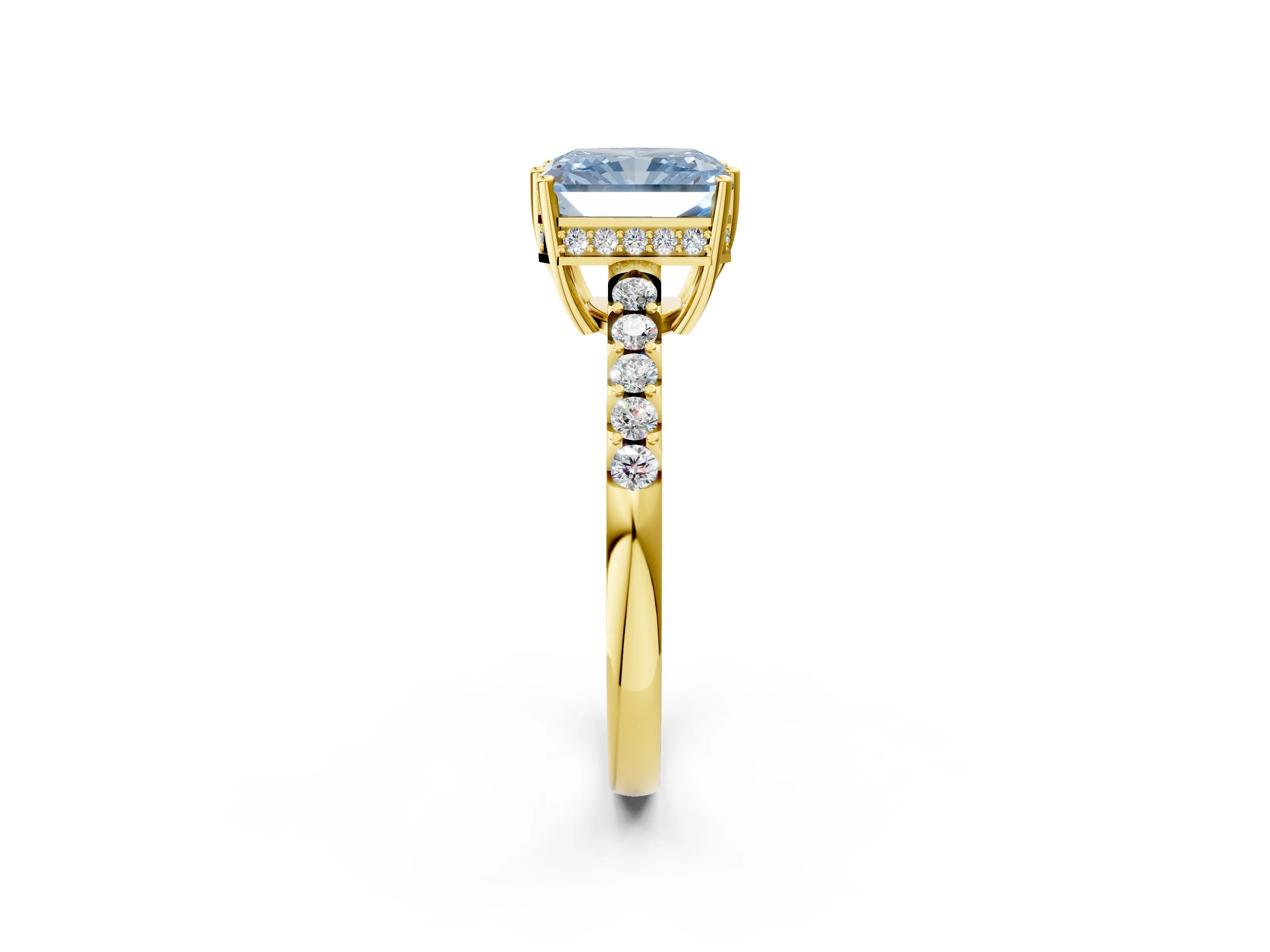 Yellow gold Fancy Blue Radiant Cut Solitaire Diamond Engagement Ring with Pavé Band and Six-Prong Setting_14