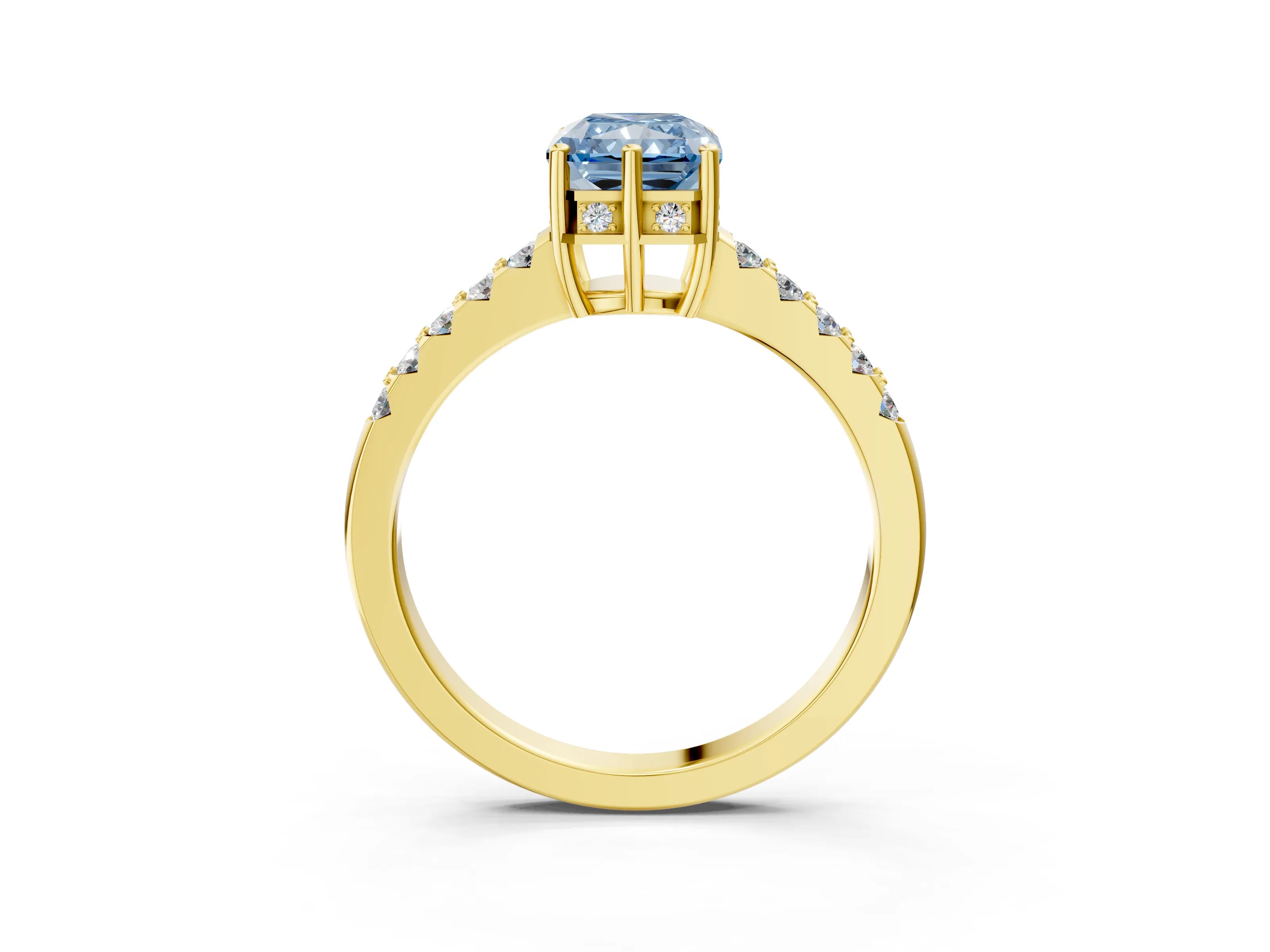 Yellow gold Fancy Blue Radiant Cut Solitaire Diamond Engagement Ring with Pavé Band and Six-Prong Setting_15