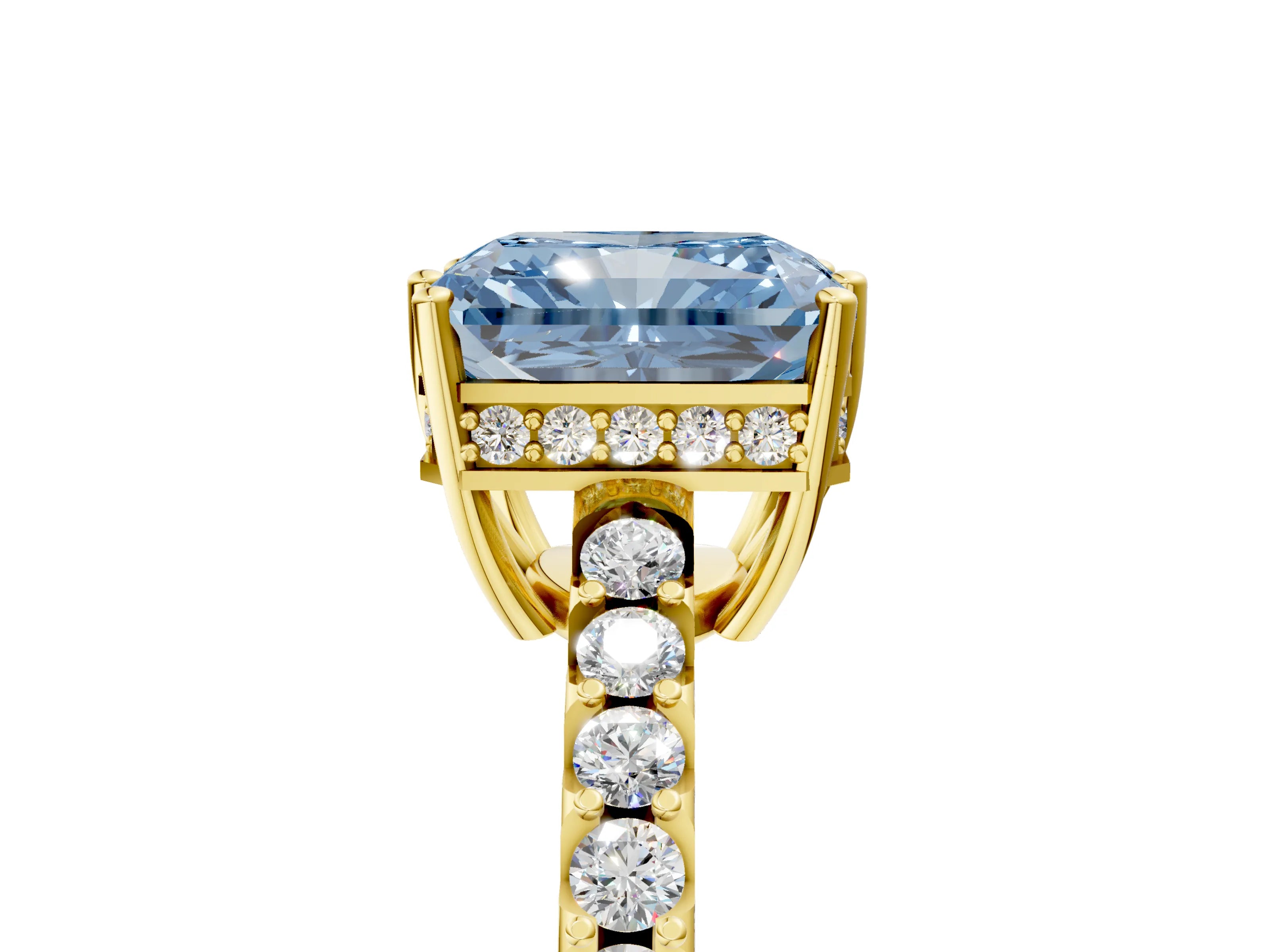 Yellow gold Fancy Blue Radiant Cut Solitaire Diamond Engagement Ring with Pavé Band and Six-Prong Setting_17