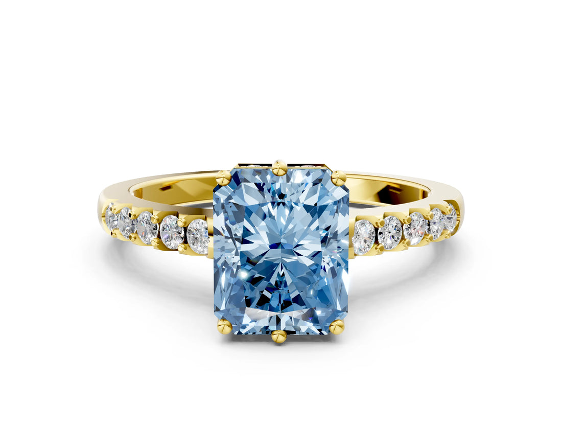 Yellow gold Fancy Blue Radiant Cut Solitaire Diamond Engagement Ring with Pavé Band and Six-Prong Setting_24
