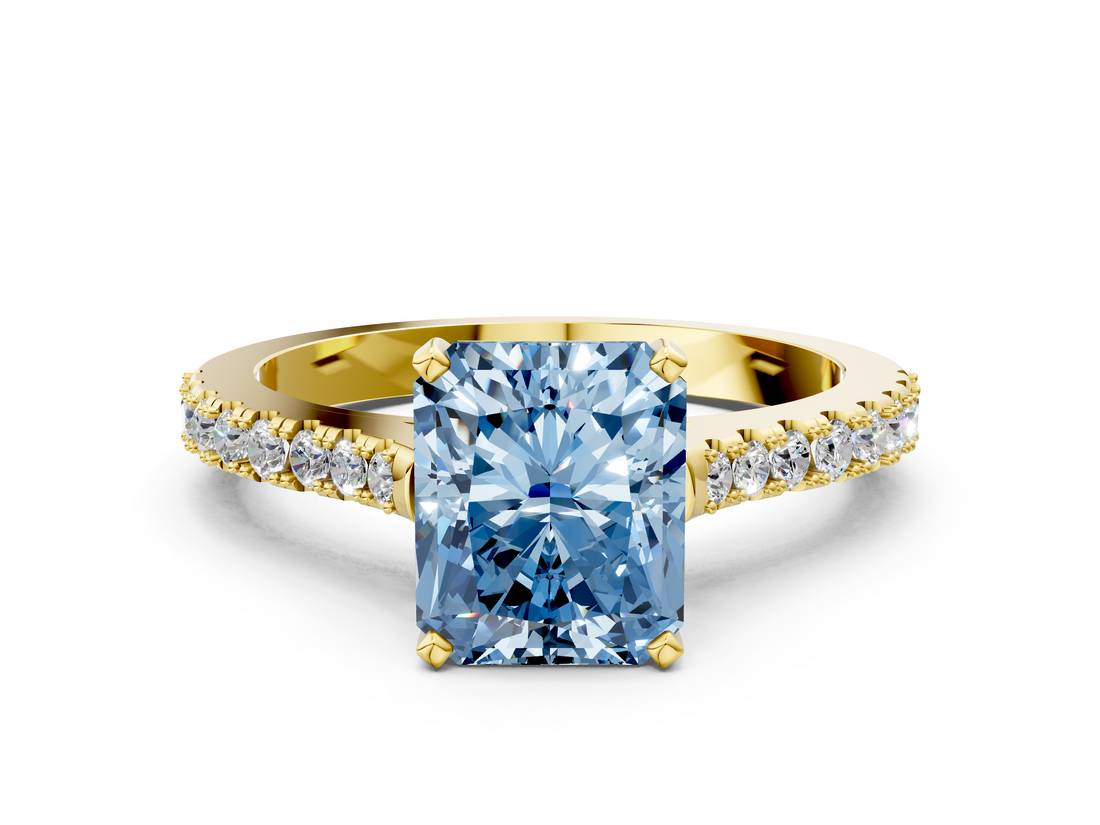 Yellow gold Fancy Blue Radiant  Cut Solitaire Diamond Engagement Ring with Pave Band and Four-Prong Setting_128