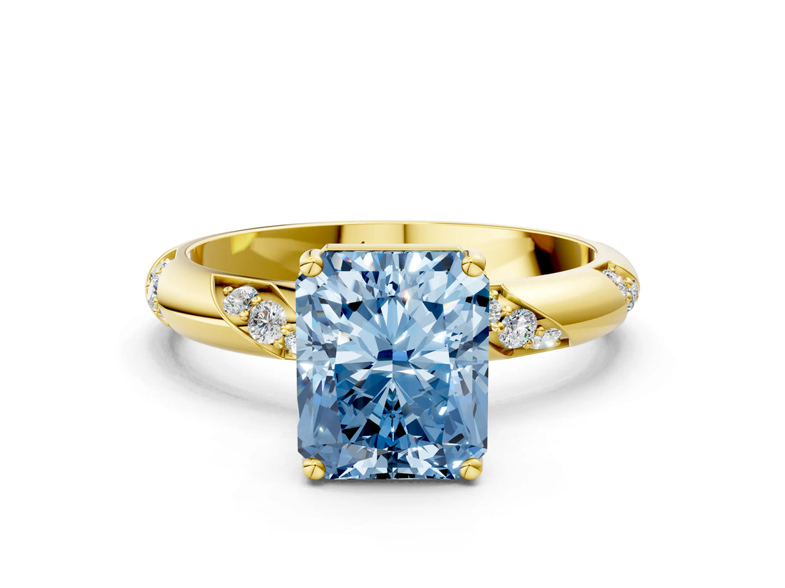 Yellow gold Fancy Blue Radiant Cut Solitaire Diamond Engagement Ring with Twisted Pave Band and Four-Prong Setting_3