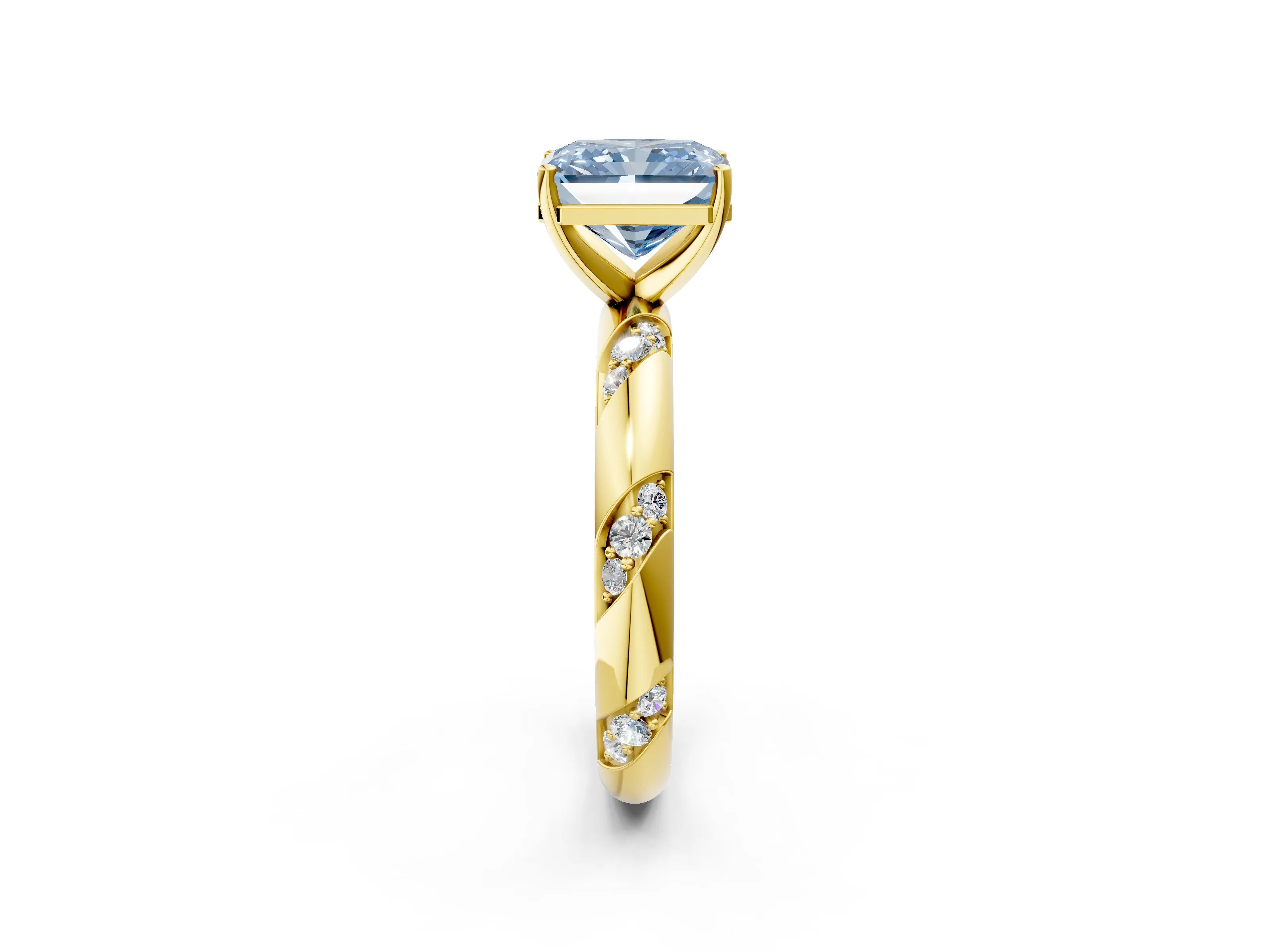 Yellow gold Fancy Blue Radiant Cut Solitaire Diamond Engagement Ring with Twisted Pave Band and Four-Prong Setting_5