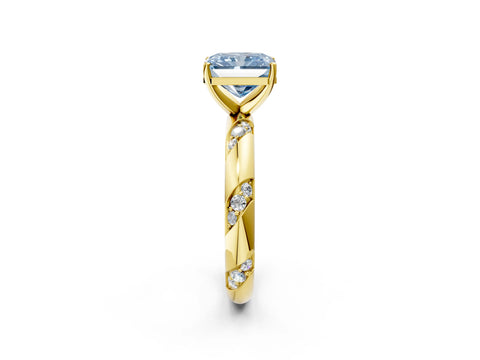 Yellow gold Fancy Blue Radiant Cut Solitaire Diamond Engagement Ring with Twisted Pave Band and Four-Prong Setting_5