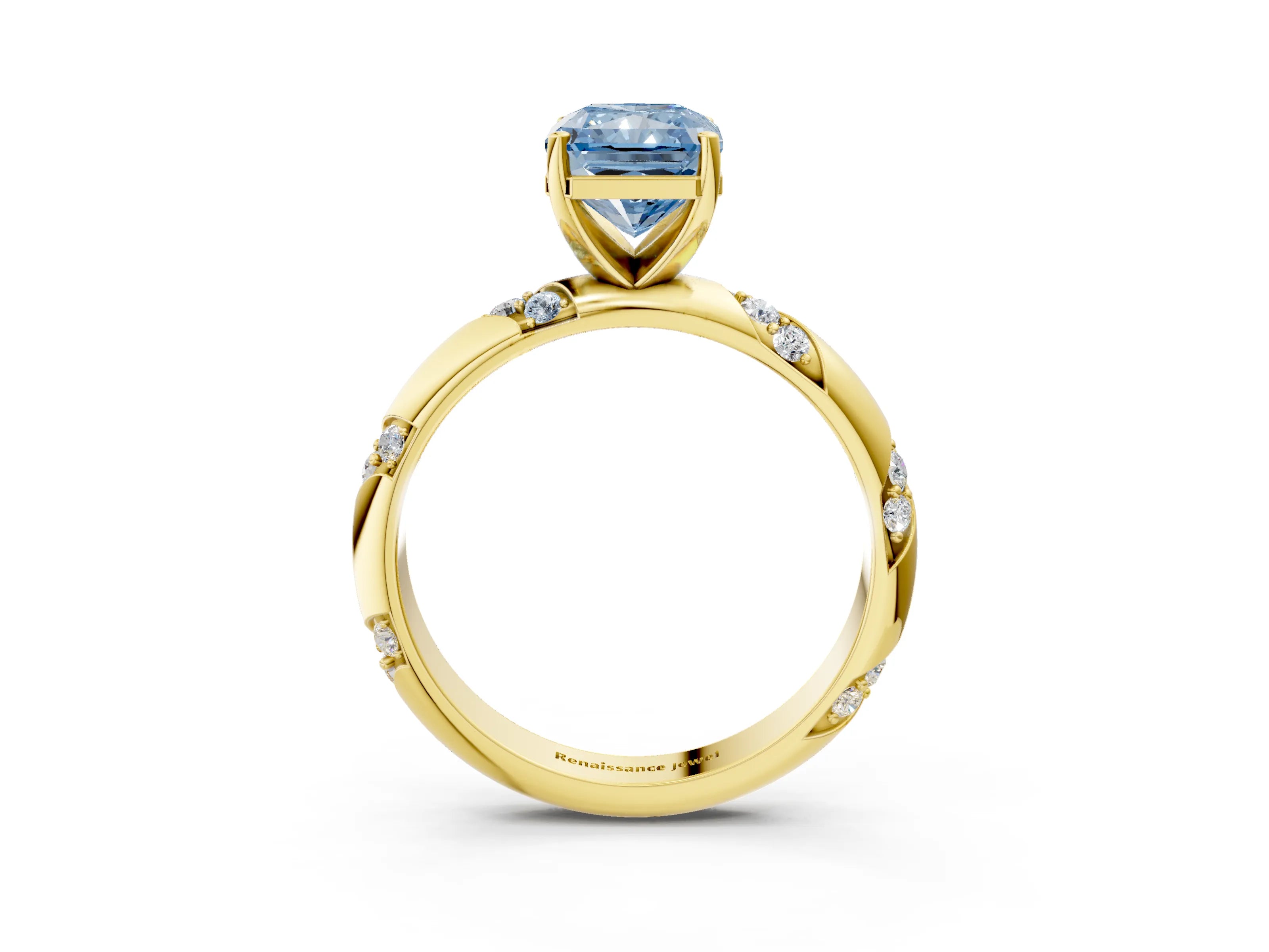 Yellow gold Fancy Blue Radiant Cut Solitaire Diamond Engagement Ring with Twisted Pave Band and Four-Prong Setting_6